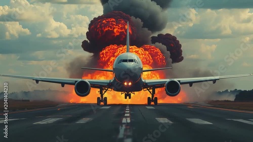 Commercial passenger airplane taking off from runway with massive fireball explosion in background during dramatic cinematic action motion video clip