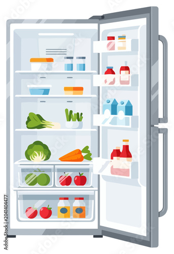 Refrigerator flat vector illustration icon featuring fresh food storage on transparent background