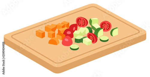 Chopping board flat vector illustration icon featuring sliced vegetables on transparent background