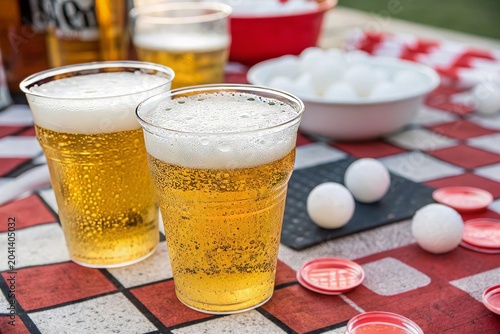 Two plastic cups filled with fizzy beer sit on a checkered tablecloth