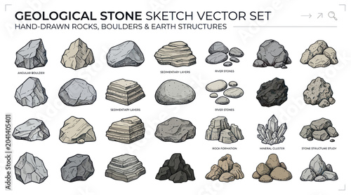 Foto Geological Stone Sketch Vector Set: Hand-drawn Rocks, Boulders & Earth Structure