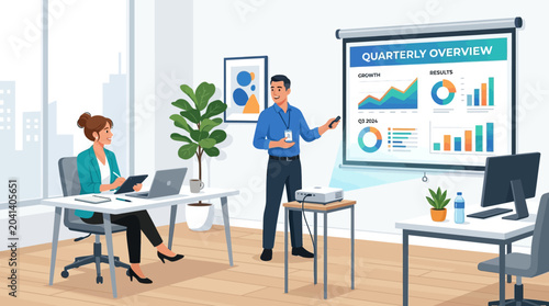 Business presentation team, office with graphs and charts