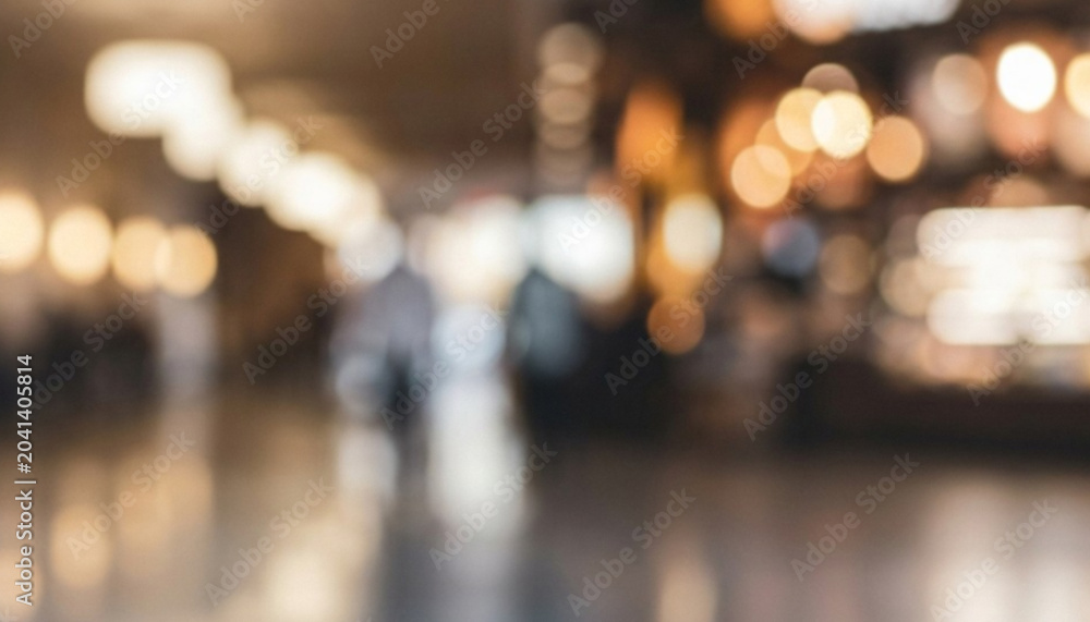 Obraz premium A blurred image depicting an indoor space with a warm ambiance created by soft bokeh lights and indistinct figures, suggesting a vibrant atmosphere.