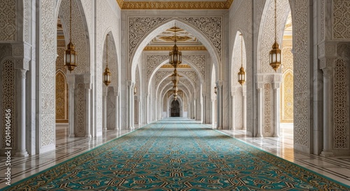 Elegant architectural interior with arched doorways and decorative lanterns