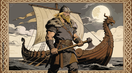 Tableau sur toile Viking Longship, Warrior with Axe, Full Moon, and Intricate Celtic Border Illust