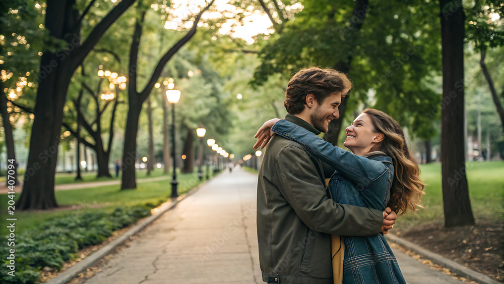 Fototapeta premium Young affectionate couple taking a walk in a public park and hugging while smiling at each other.