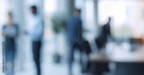 An abstract view of professionals in a blurred office environment, capturing moments of collaboration, discussion, and teamwork among business individuals.