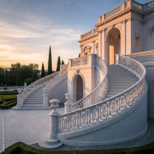 Elegant architecture featuring grand staircase and classical building under sky