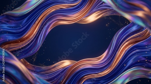 Luxury Abstract Liquid Wave Background with Copyspace, Elegant 3D Dynamic Flowing Silk Drapery, Iridescent Metallic Ribbon and Gold Particles Backdrop for Premium Banner Design
