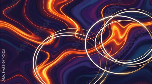 Abstract liquid marble background with glowing neon orange waves and luxury golden circles