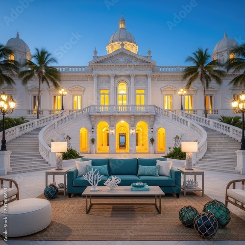 Elegant architecture with exterior seating and palm trees in sunny daylight