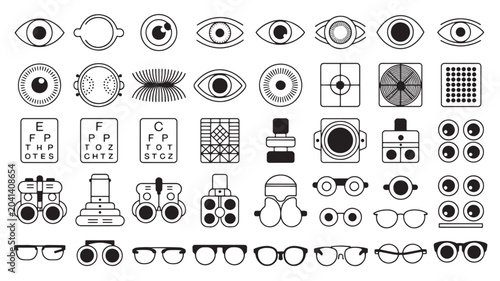 Minimalist eye care icon set, ophthalmology and optometry symbols, 40 black line vector icons for vision health and optical services