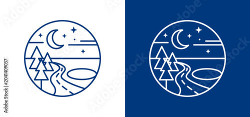 Minimalist circular landscape illustration featuring a winding road through trees under a starry night sky with a crescent moon