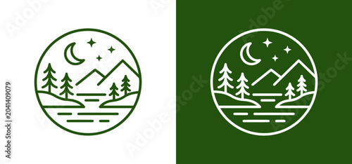 Minimalist line art illustration of a serene night landscape featuring mountains, trees, a river, and a crescent moon with stars