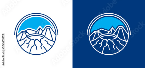 Logo design featuring a volcanic crater with mountain peaks and a blue circular border, presented on white and dark blue backgrounds