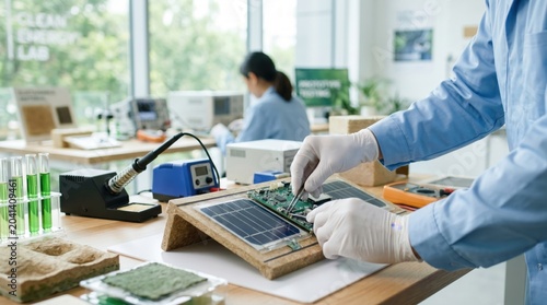 Technician repairing circuit board on small solar panel prototype in clean energy research laboratory with scientific equipment and test tubes