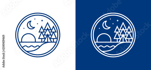 Minimalist circular line art logo featuring a serene natural landscape with pine trees, sunrise over water, and a moon with stars, evoking peace and outdoor spirit