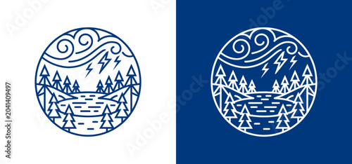 Stylized circular landscape illustration of a stormy forest lake with trees and lightning