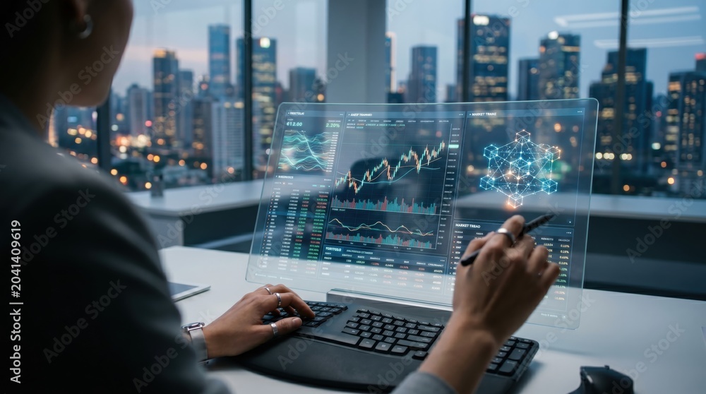 Fototapeta premium Businesswoman analyzing financial stock market data on futuristic transparent screen with city skyline background at night