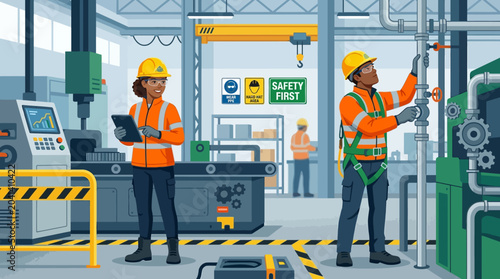 Industrial Workers in Factory, Safety First, Machinery, Blue Collar, Engineering