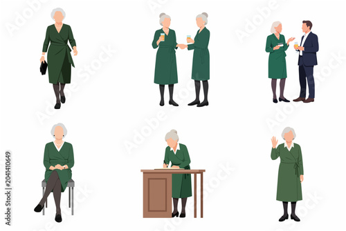 Foto Elegant senior woman character set, active elderly lady in various poses like wa