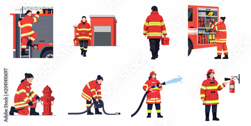 Set of Professional Female Firefighter Characters in Various Rescue and Emergency Situations