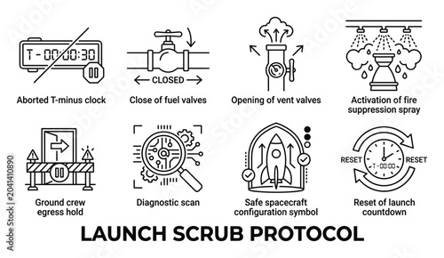 Launch scrub protocol icons including aborted T-minus clock fuel valves vent valves fire spray.