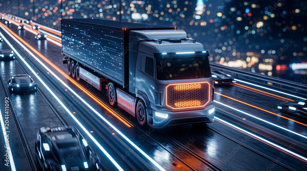 Fototapeta premium Futuristic semi‑truck with illuminated accents driving on multi‑lane highway at night surrounded by cars and glowing city lights — advanced technology, electric autonomous vehicle concept