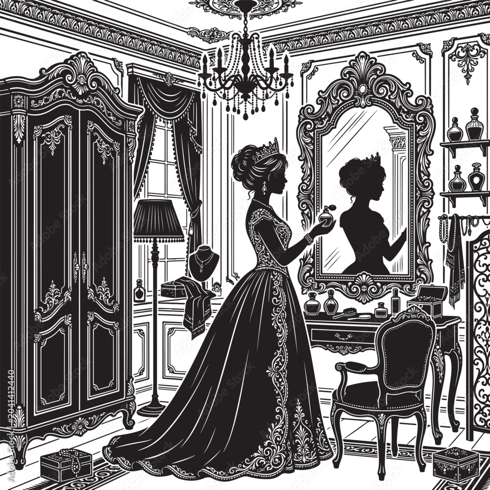 Fototapeta premium Elegant woman adjusting gown in ornate vintage dressing room silhouette,Generative Ai