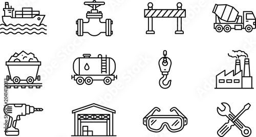 Bild auf Leinwand Industrial and Heavy Construction Icon Set featuring Factory Cargo Ship Cement T