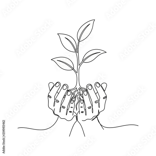 Minimalist hand-drawn illustration of hands cupping a growing plant seedling isolated on white