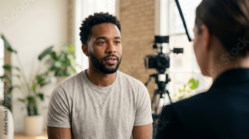 Professional film production setup with an interviewee speaking in a cinematic documentary style.