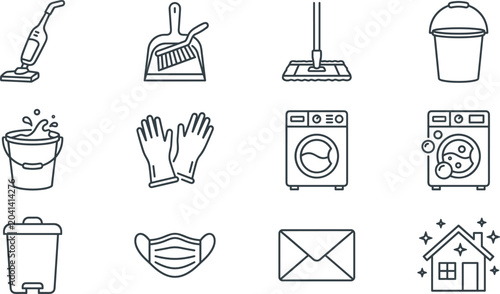 Quadro su tela Set of thin line household and cleaning icons representing professional janitorial tools and daily chores