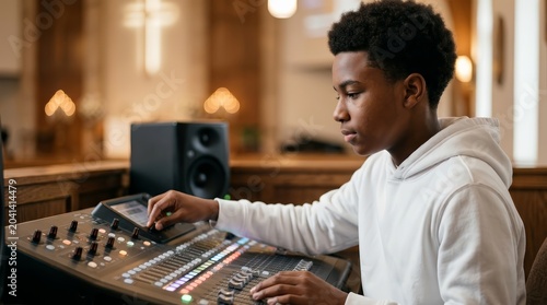 African American teenager using a professional soundboard for church worship.