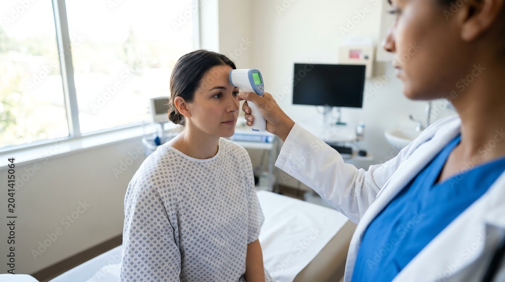 Obraz premium Doctor Conducting Patient Health Check up with Non Contact Thermometer to Assess Fever