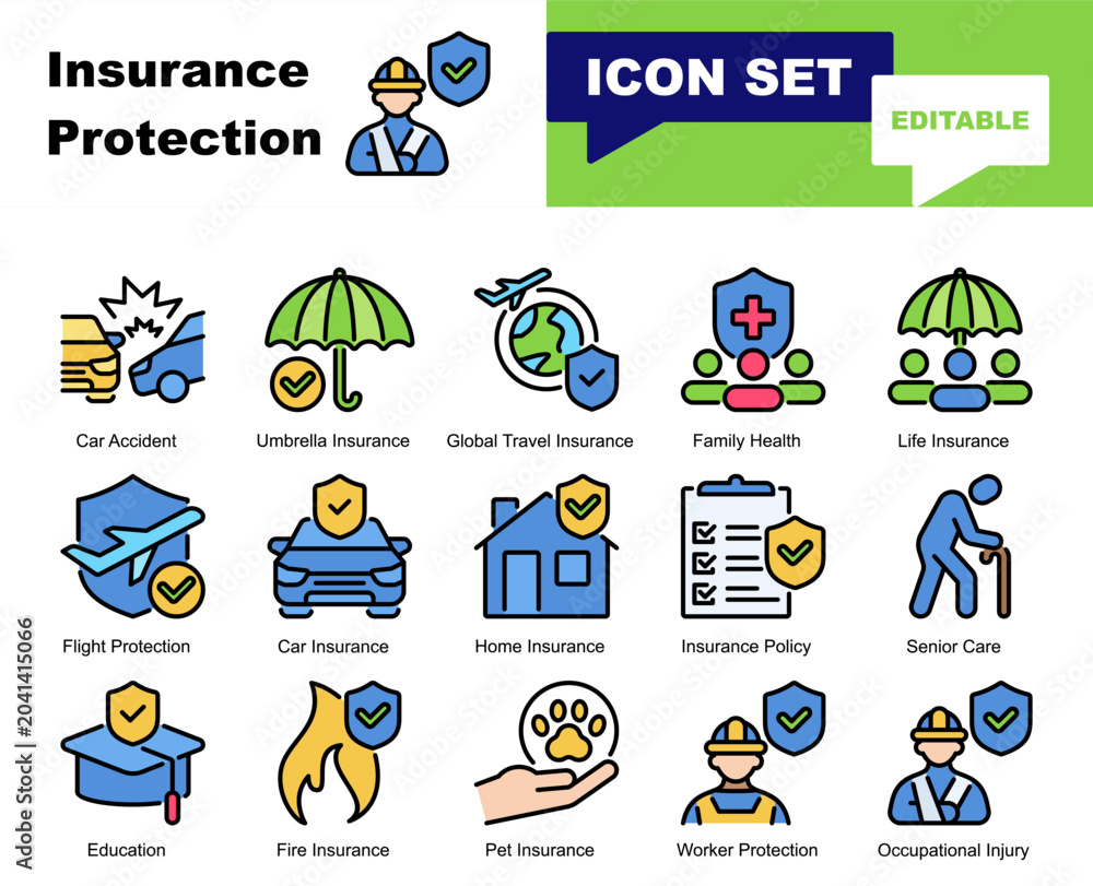 Fototapeta premium Insurance Protection icon set. Vector symbols for Care, Claim, Coverage, Financial, Guarantee, Insurance, Policy, Protection, Risk, Security