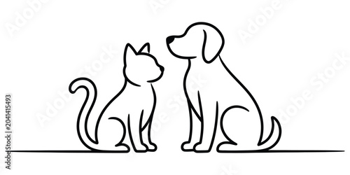 Continuous single line drawing of a cat and a dog sitting together
