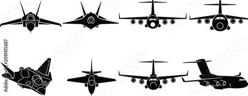 Foto Vector illustration set of aircraft silhouettes featuring fighter jets and cargo