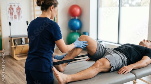 Female physiotherapist assisting male patient with knee rehabilitation exercise using resistance band in bright physical therapy clinic with medical equipment