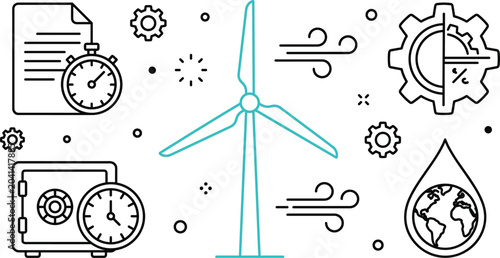 Bild auf Leinwand Green energy and ecology vector icon set featuring wind turbine turbine gear pla