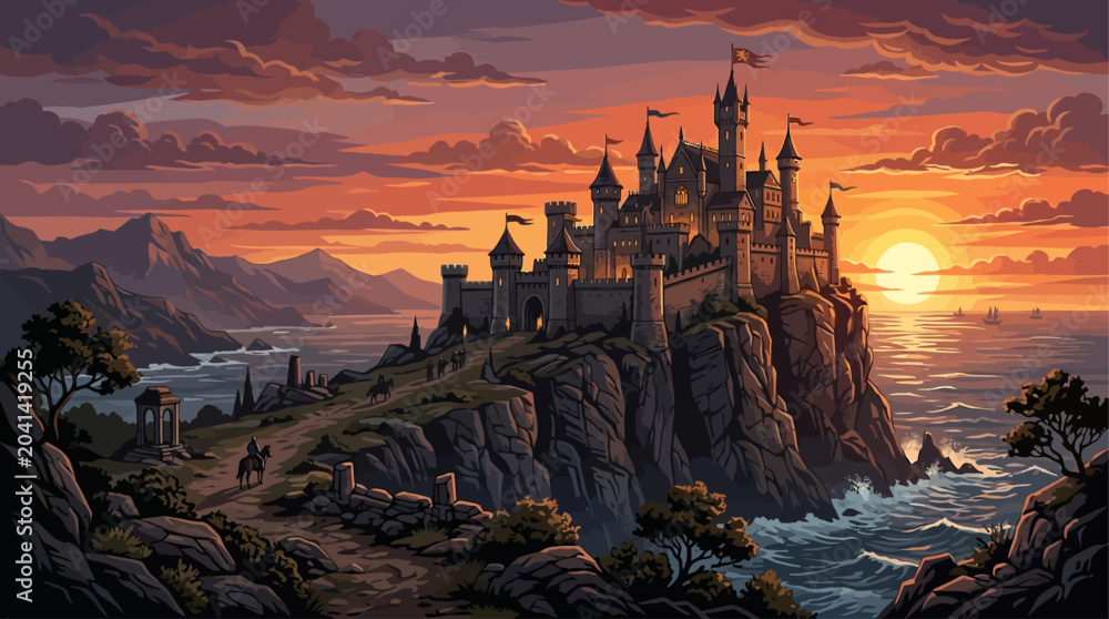 Αυτοκόλλητο Majestic castle perched atop a cliff overlooking the ocean at sunset with dramat
