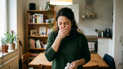 Woman experiencing morning sickness indoors.