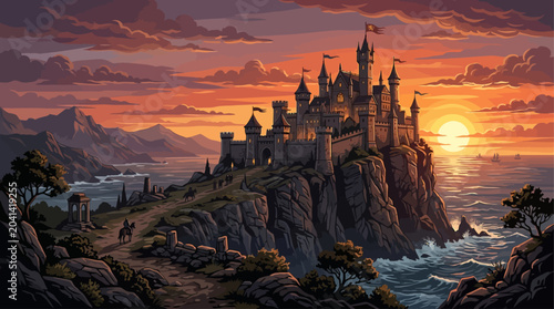 Obraz na płótnie Majestic castle perched atop a cliff overlooking the ocean at sunset with dramat