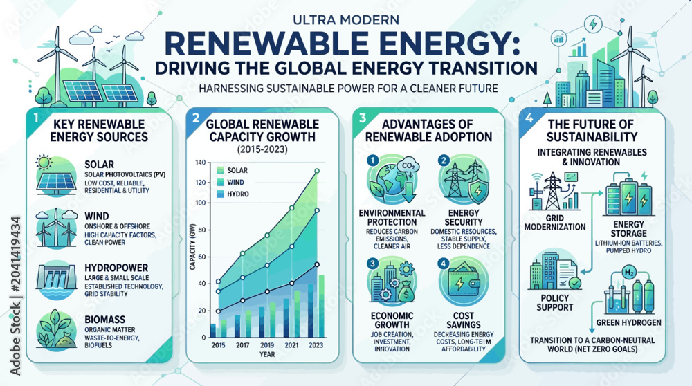 Αυτοκόλλητο Driving the Global Energy Transition A detailed infographic showcasing renewable