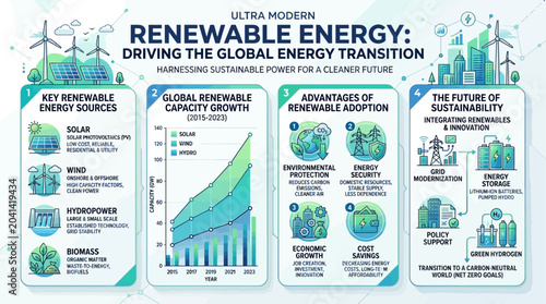 Tableau sur toile Driving the Global Energy Transition A detailed infographic showcasing renewable