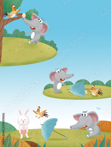 Photos Children's story illustration: An elephant uses its trunk to deliver a log to a hen in a tree