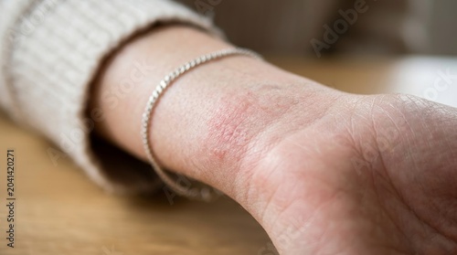 Wrist with thin gold bracelet closeup.