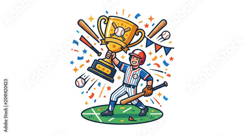 Canvas Print Baseball player celebrates winning championship trophy with confetti and bats