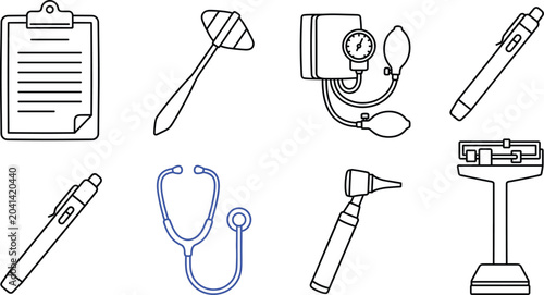 Billede på lærred Medical diagnostic checkup tool icon set featuring tonometer stethoscope reflex