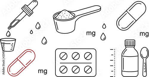 Canvas Print Medical dosage and supplement measurement vector line icon set featuring dropper